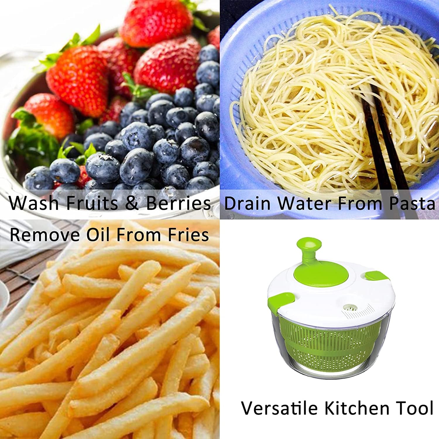 Salad Spinner, 5L Vegetable Washer Dryer Drainer Strainer with Bowl & Colander, Multi-Use Lettuce Spinner, Fruit Washer, Pasta and Fries Spinner