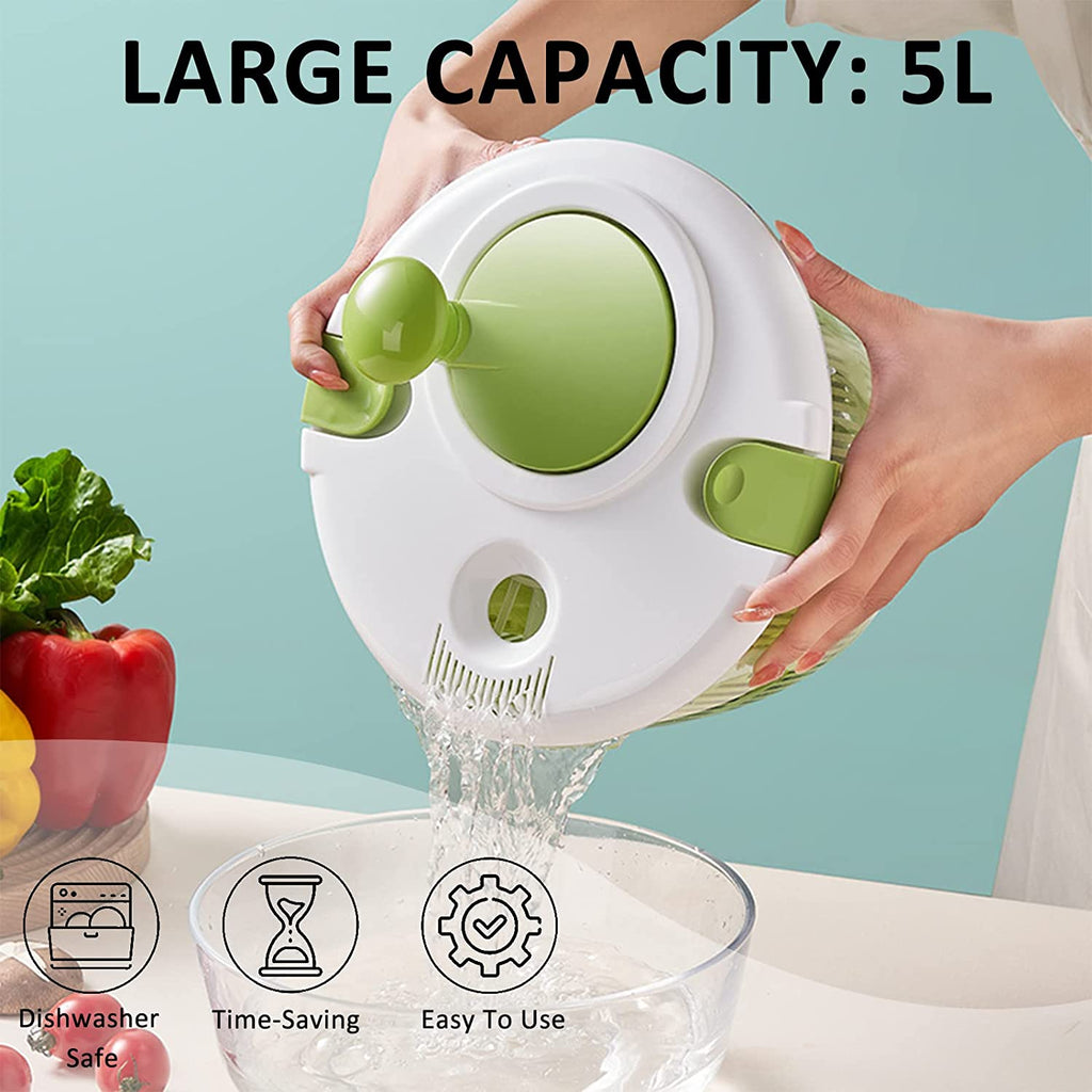 Salad Spinner, 5L Vegetable Washer Dryer Drainer Strainer with Bowl & Colander, Multi-Use Lettuce Spinner, Fruit Washer, Pasta and Fries Spinner