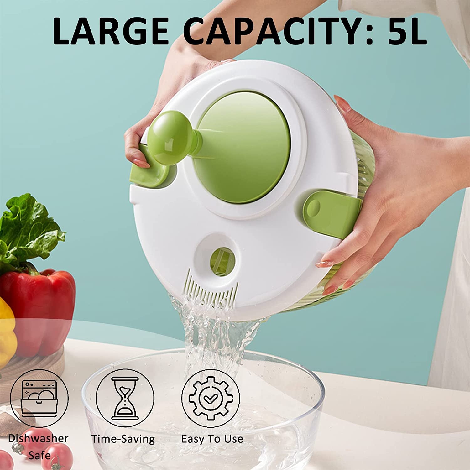 Salad Spinner, 5L Vegetable Washer Dryer Drainer Strainer with Bowl & Colander, Multi-Use Lettuce Spinner, Fruit Washer, Pasta and Fries Spinner