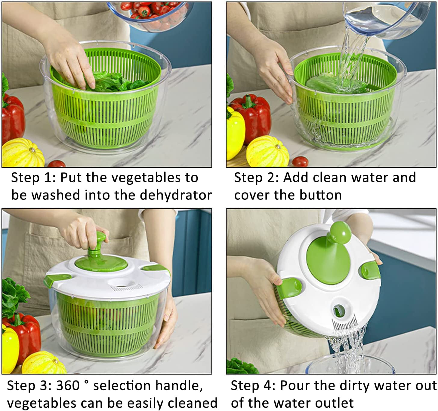 Salad Spinner, 5L Vegetable Washer Dryer Drainer Strainer with Bowl & Colander, Multi-Use Lettuce Spinner, Fruit Washer, Pasta and Fries Spinner